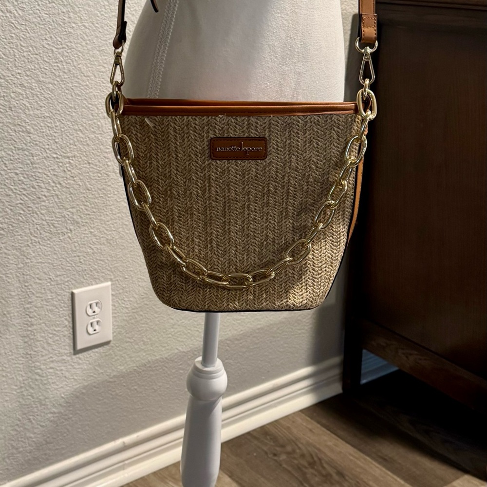 Nanette Lepore Cream and Brown Woven Cross Body Bag with Chain Strap